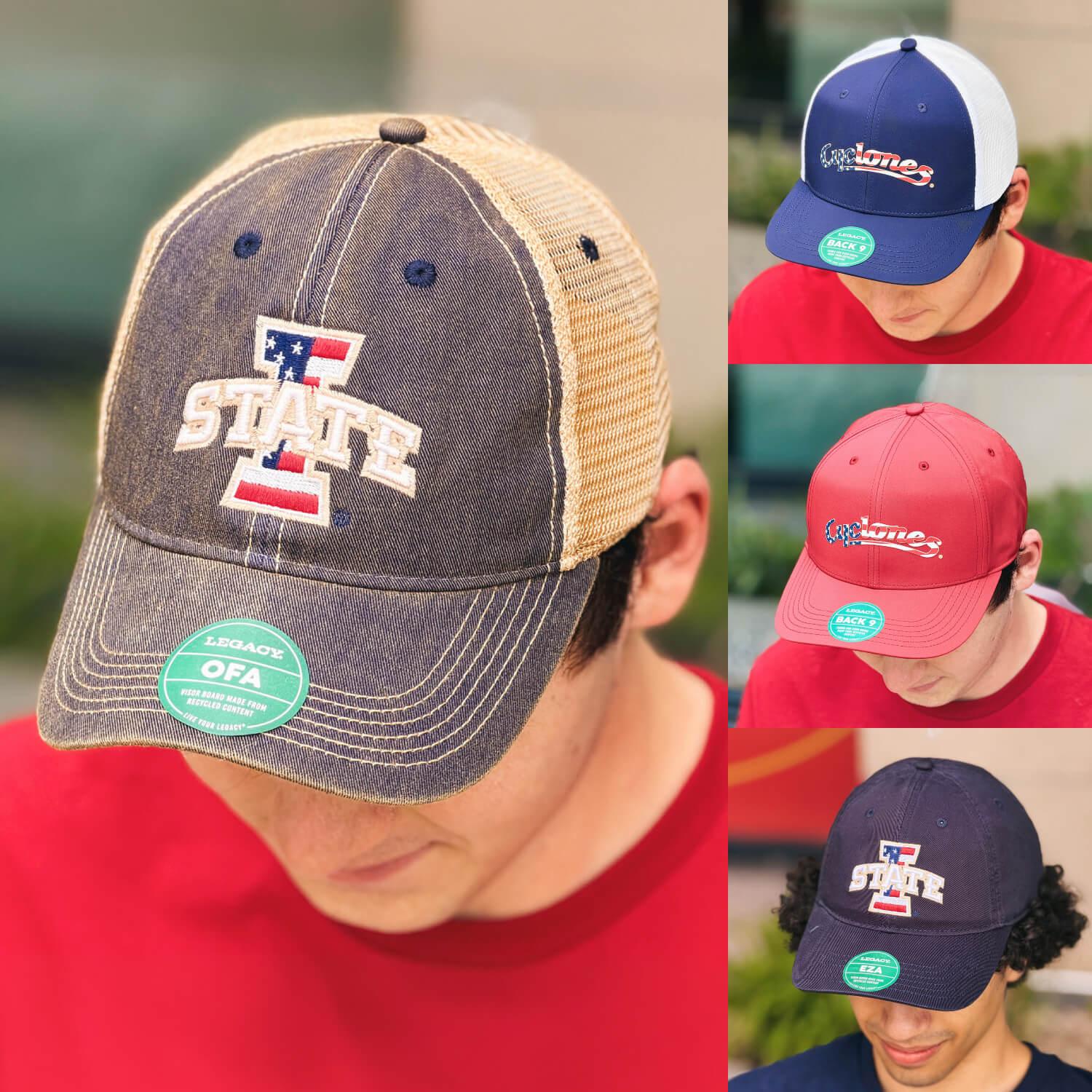 Collage showing Cyclones wearing the Iowa State Patriotic Collection Hats